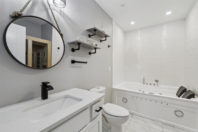 875 Roman Rd, Waukee, IA 50263 - full bath featuring a whirlpool tub, toilet, marble look tiles, recessed lighting, and vanity