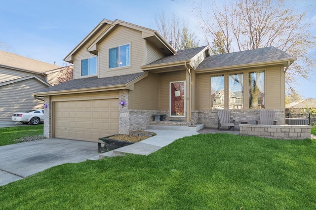 craftsman inspired home featuring a front yard, a shingled roof, an attached garage, stone siding, and concrete driveway