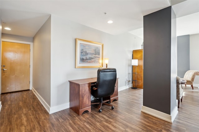 office area featuring recessed lighting, wood finished floors, and baseboards