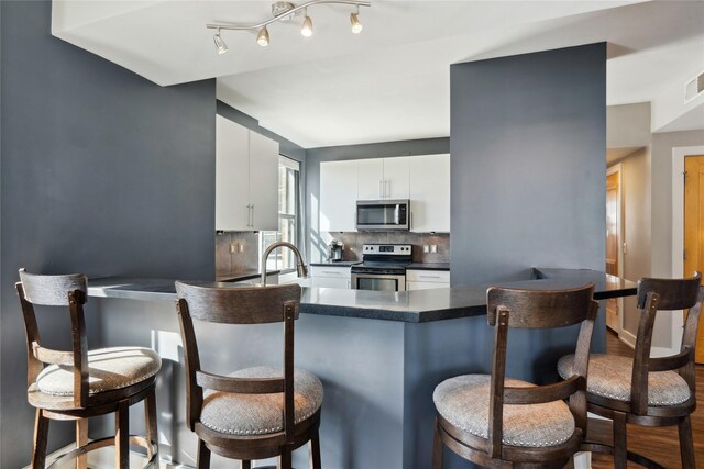 400 Walnut St Unit 401, Des Moines, IA 50309 - kitchen with dark countertops, tasteful backsplash, a sink, white cabinetry, and appliances with stainless steel finishes
