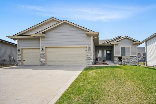 8704 Highland Oaks Dr, Johnston, IA 50131 - craftsman house with an attached garage, stone siding, a front lawn, and concrete driveway