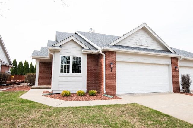 5925 Ep True Pkwy Unit 22, West Des Moines, IA 50266 - ranch-style home with a garage, brick siding, a shingled roof, driveway, and a chimney