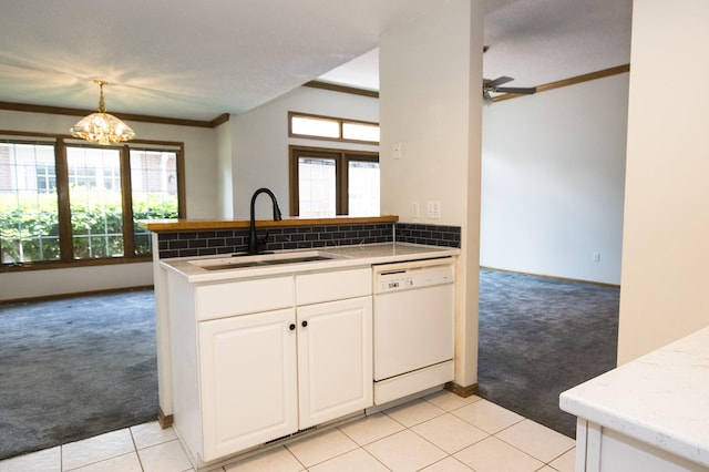 5925 Ep True Pkwy Unit 22, West Des Moines, IA 50266 - kitchen with white dishwasher, light colored carpet, a sink, ornamental molding, and healthy amount of natural light