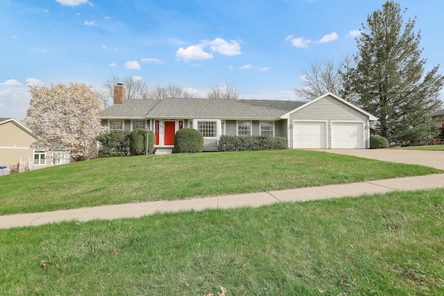 1113 Bruce Ln, Pella, IA 50219 - single story home with a garage, concrete driveway, a chimney, and a front lawn