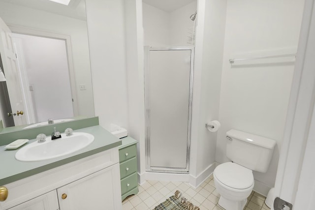 1113 Bruce Ln, Pella, IA 50219 - full bathroom featuring vanity, tile patterned flooring, toilet, a stall shower, and baseboards