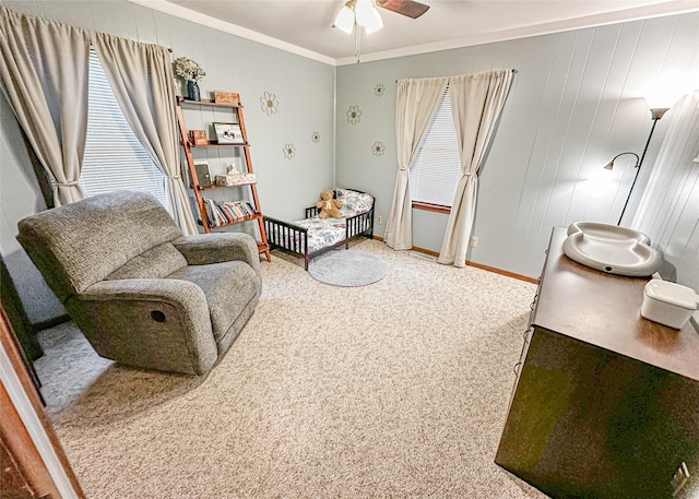 1009 198th Pl, Pella, IA 50219 - living area featuring ornamental molding, carpet flooring, a ceiling fan, baseboards, and plenty of natural light