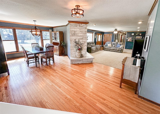 1009 198th Pl, Pella, IA 50219 - dining space featuring a chandelier, a textured ceiling, ornamental molding, light wood-style floors, and ceiling fan
