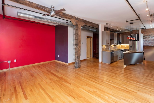 301 E Court Ave Unit 203, Des Moines, IA 50309 - kitchen featuring appliances with stainless steel finishes, light wood finished floors, ceiling fan, tasteful backsplash, and track lighting