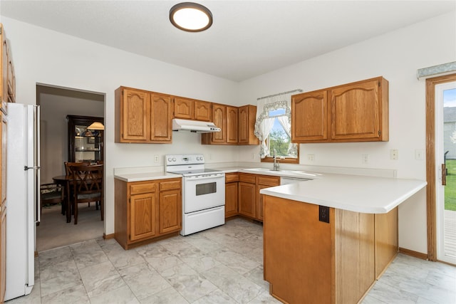 9040 Telford Cir, Johnston, IA 50131 - kitchen featuring white appliances, under cabinet range hood, a peninsula, and brown cabinetry
