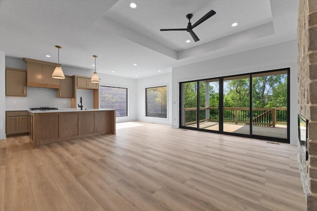 1112 2nd St NE, Altoona, IA 50009 - kitchen featuring open floor plan, light wood-style floors, recessed lighting, a sink, and a tray ceiling