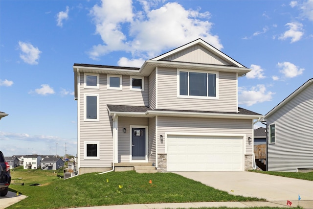 1715 Willow Ct, Norwalk, IA 50211 - view of front of house featuring stone siding, driveway, a front yard, and a garage