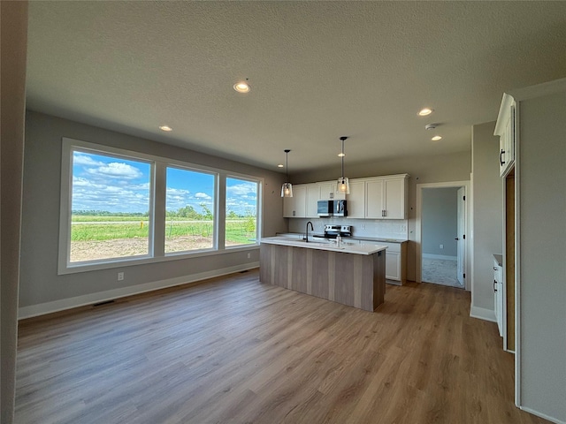 1910 Silver Maple Dr, Norwalk, IA 50211 - kitchen with stainless steel appliances, baseboards, light wood-style flooring, a kitchen island with sink, and light countertops