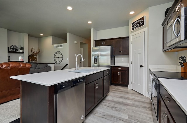 kitchen featuring visible vents, a sink, open floor plan, light countertops, and stainless steel appliances