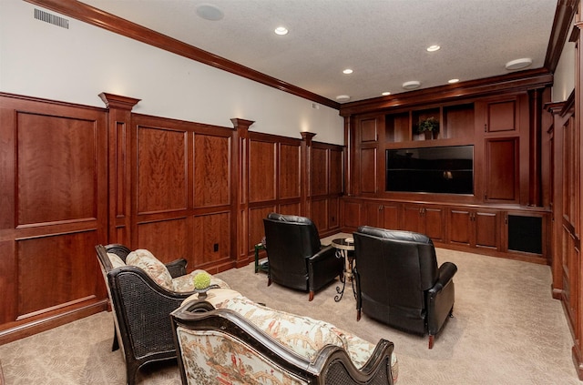 7580 NW 100th St, Johnston, IA 50131 - home theater room featuring light carpet, ornamental molding, a decorative wall, recessed lighting, and a textured ceiling