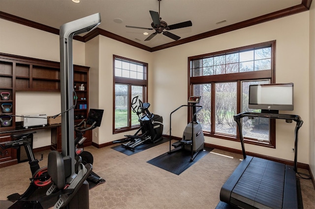 7580 NW 100th St, Johnston, IA 50131 - workout room with ornamental molding, carpet floors, ceiling fan, and recessed lighting