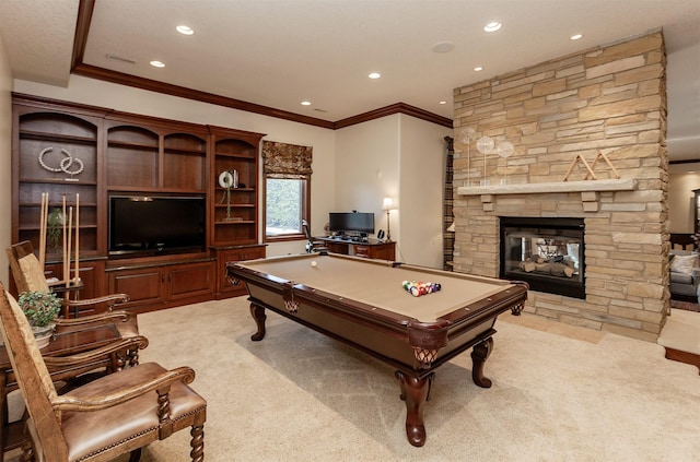 7580 NW 100th St, Johnston, IA 50131 - rec room with light carpet, ornamental molding, pool table, recessed lighting, and a stone fireplace