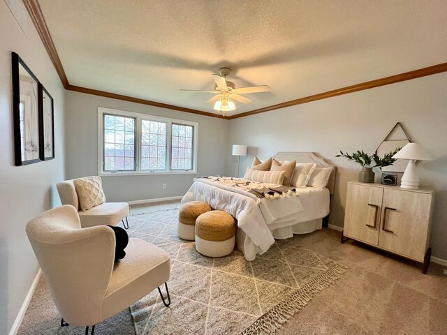 2501 Ridgewood Dr, West Des Moines, IA 50265 - bedroom with baseboards, light colored carpet, ornamental molding, and ceiling fan