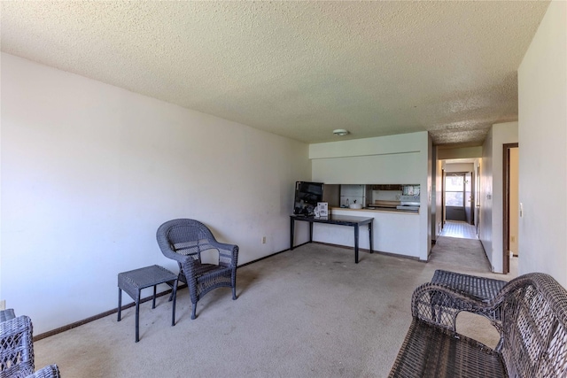 living area featuring a textured ceiling, baseboards, and carpet floors