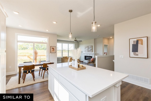 4215 NE 3rd St, Ankeny, IA 50021 - kitchen with a glass covered fireplace, dark wood-style floors, white cabinetry, a ceiling fan, and visible vents