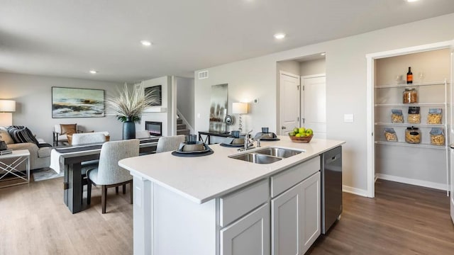 kitchen featuring open floor plan, a sink, wood finished floors, dishwasher, and light countertops