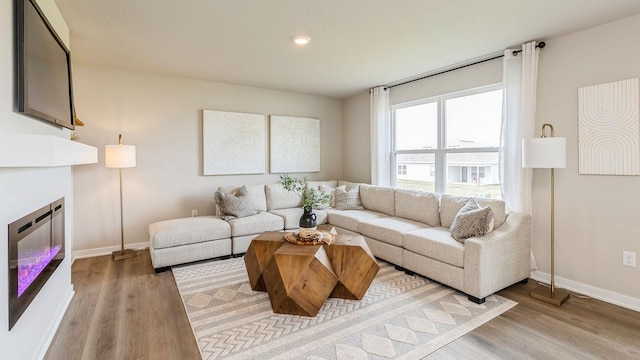 1048 34th St SE, Altoona, IA 50009 - living room featuring wood finished floors, baseboards, a glass covered fireplace, and recessed lighting