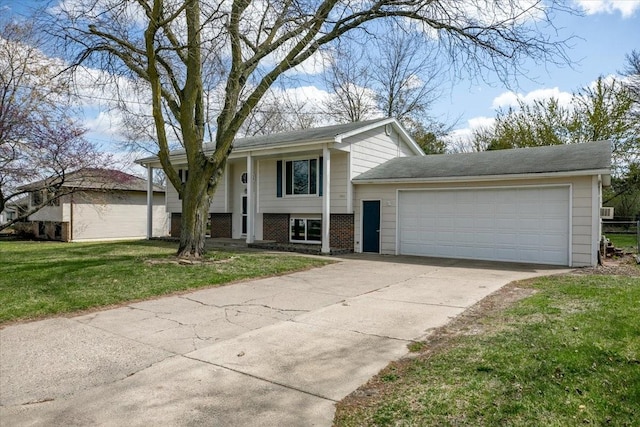 view of front of house with a shingled roof, an attached garage, concrete driveway, brick siding, and a front lawn