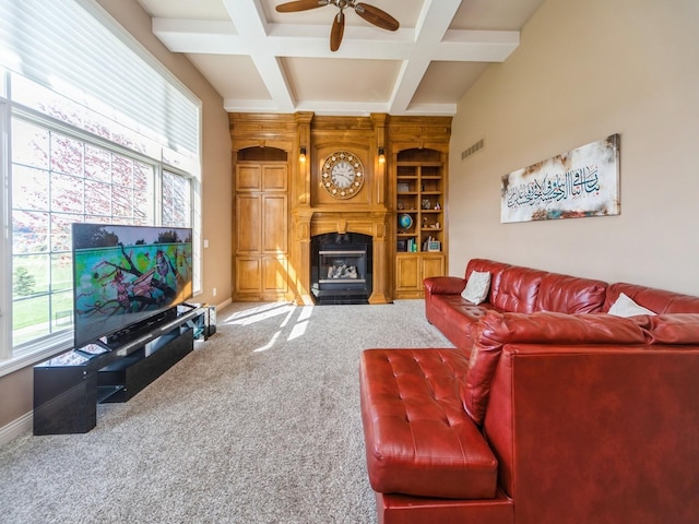 2705 147th St, Urbandale, IA 50323 - carpeted living area featuring visible vents, a ceiling fan, a wealth of natural light, and coffered ceiling