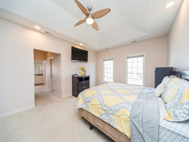 2705 147th St, Urbandale, IA 50323 - bedroom with a tray ceiling, visible vents, baseboards, recessed lighting, and light colored carpet