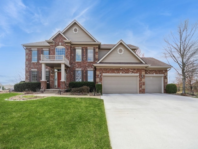 2705 147th St, Urbandale, IA 50323 - colonial home featuring a balcony, a front yard, brick siding, an attached garage, and driveway