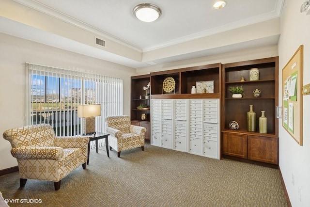 1370 SW Magazine Rd Unit 101, Ankeny, IA 50023 - sitting room featuring mail area, visible vents, carpet floors, and ornamental molding