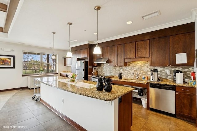 1370 SW Magazine Rd Unit 101, Ankeny, IA 50023 - kitchen with visible vents, backsplash, appliances with stainless steel finishes, under cabinet range hood, and light tile patterned floors
