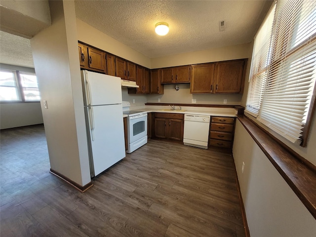 1761 E Lacona Ave, Des Moines, IA 50320 - kitchen with a sink, white appliances, a textured ceiling, dark wood-style floors, and under cabinet range hood