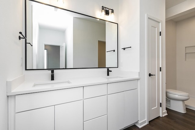 205 Maple St, Des Moines, IA 50309 - full bathroom with toilet, wood finished floors, double vanity, and a sink