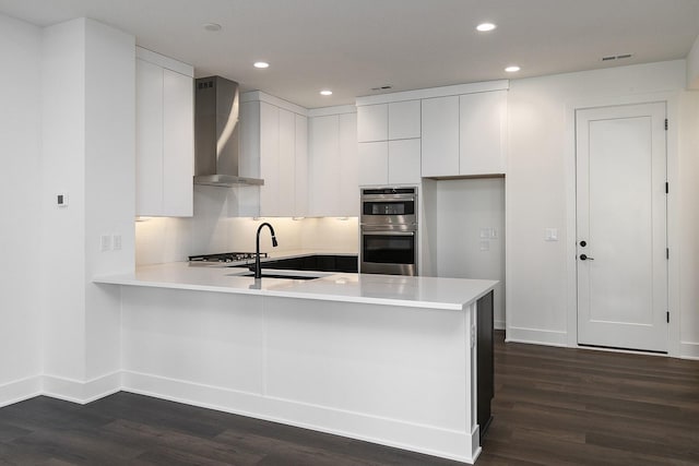 205 Maple St, Des Moines, IA 50309 - kitchen featuring dark wood-style flooring, double oven, wall chimney exhaust hood, and a sink