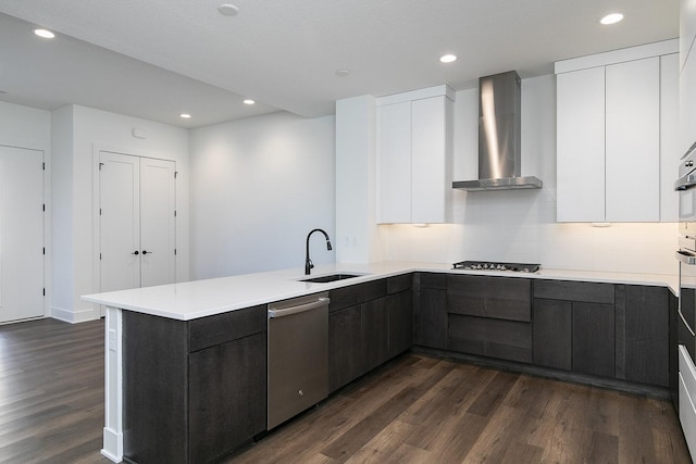 205 Maple St, Des Moines, IA 50309 - kitchen featuring a peninsula, wall chimney range hood, modern cabinets, and stainless steel appliances