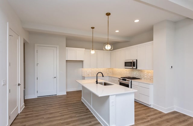 859 E 2nd St, Des Moines, IA 50309 - kitchen featuring a sink, stainless steel microwave, wood finished floors, backsplash, and high end range