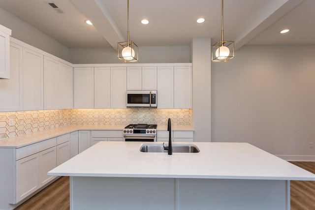 859 E 2nd St, Des Moines, IA 50309 - kitchen featuring visible vents, wood finished floors, a sink, high end stainless steel range oven, and backsplash