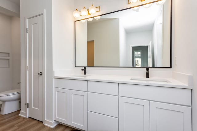 859 E 2nd St, Des Moines, IA 50309 - bathroom with double vanity, a sink, toilet, and wood finished floors