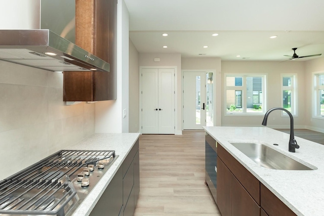 kitchen with range hood, light wood-type flooring, recessed lighting, appliances with stainless steel finishes, and a sink