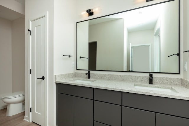 bathroom with a sink, toilet, double vanity, and wood finished floors