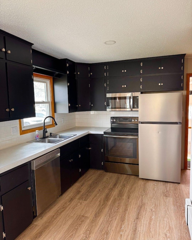 kitchen with a sink, appliances with stainless steel finishes, light wood-style floors, a textured ceiling, and dark cabinets