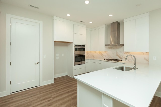 822 E 2nd St, Des Moines, IA 50309 - kitchen featuring light wood-type flooring, a peninsula, wall chimney exhaust hood, appliances with stainless steel finishes, and a sink