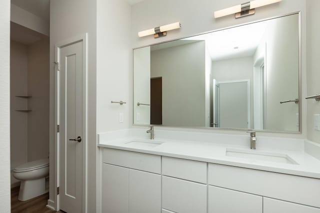 822 E 2nd St, Des Moines, IA 50309 - full bathroom with double vanity, a sink, toilet, and wood finished floors