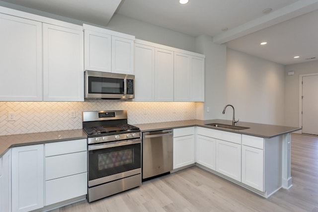 kitchen featuring a peninsula, white cabinets, a sink, stainless steel appliances, and decorative backsplash
