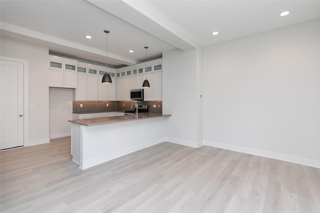 225 Maple St, Des Moines, IA 50309 - kitchen featuring tasteful backsplash, light wood-style floors, a peninsula, and stainless steel appliances