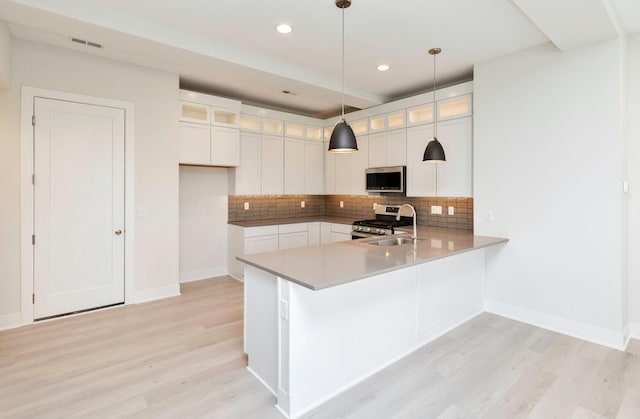 225 Maple St, Des Moines, IA 50309 - kitchen featuring a sink, decorative backsplash, stainless steel appliances, light wood finished floors, and a peninsula
