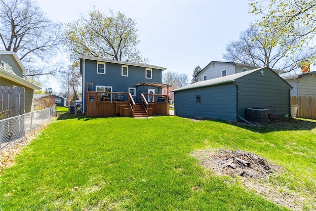 rear view of property featuring a yard, a deck, a fenced backyard, and cooling unit