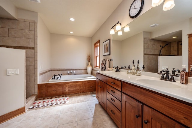 5570 Sunburst Dr, Pleasant Hill, IA 50327 - full bathroom with a walk in shower, a bath, tile patterned flooring, visible vents, and a sink