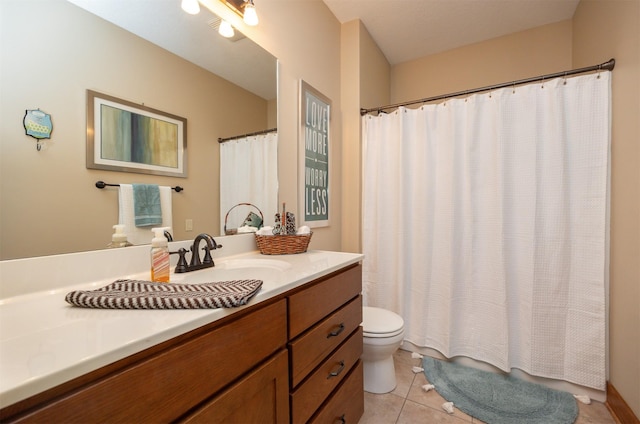 5570 Sunburst Dr, Pleasant Hill, IA 50327 - bathroom featuring tile patterned floors, toilet, a shower with shower curtain, and vanity