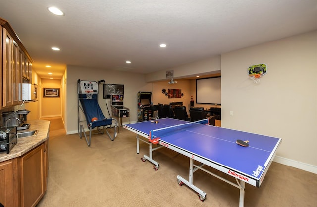 5570 Sunburst Dr, Pleasant Hill, IA 50327 - game room with light carpet, baseboards, and recessed lighting
